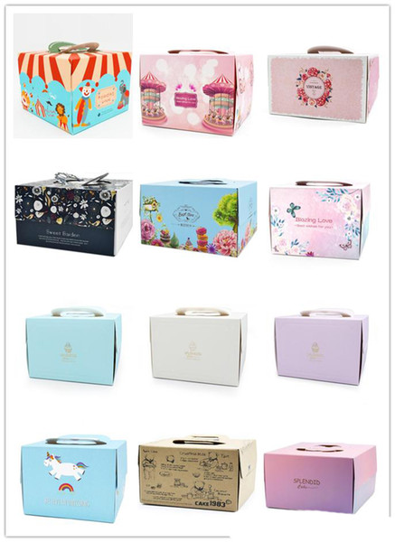 8 Inch/6 Inch Cake Carriers With Cork Base 20 Designs Portable Handle Bakery Cake Boxes Biscuit Mousse Cookies Pastry Packaging Boxes