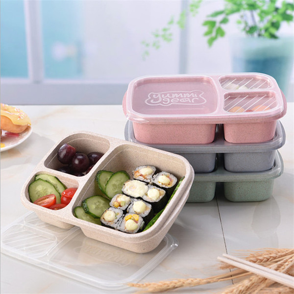 Three Grid Lunch Boxes Wheat Straw Food Grade Lunch Box Transparent Cover Work Travel Portable Tableware