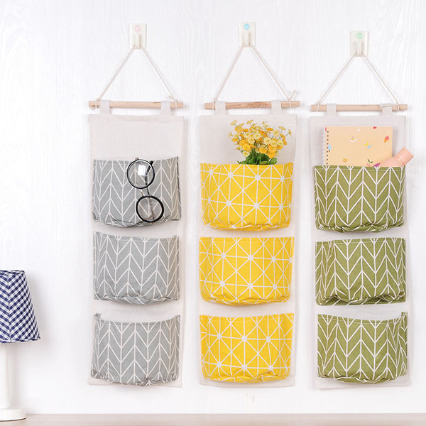 Wall Hanging Organizer Bags Cotton Linen Holder Door Hanging Storage Bag Cabinet Door Organizers 3 Pockets Home Supplies