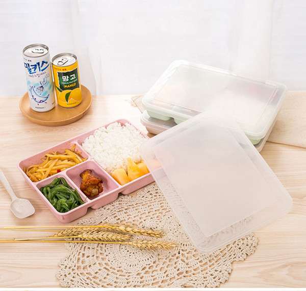 hot new arrival 4 Grid Wheat Straw Lunch Box Bento w/ Compartments Health Kids School Dinnerware Set Lunchbox Food Box Container Meal Box