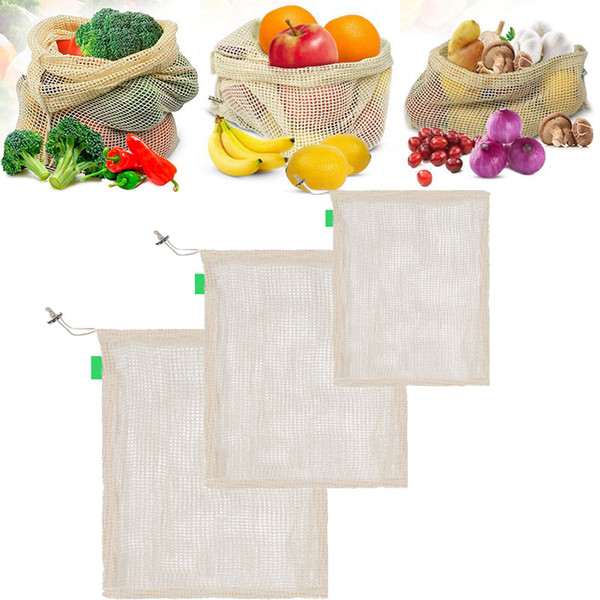 Reusable Cotton Mesh Grocery Shopping Produce Bags Vegetable Fruit Fresh Bags Hand Totes Home Storage Pouch Grocery Bags 3pcs/Set WX9-1173