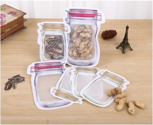 15*10.5CM Safe Zippers Storage Bags Plastic Mason Jar Shaped Food Container Resuable Eco Friendly Snacks Bag Hot Sale