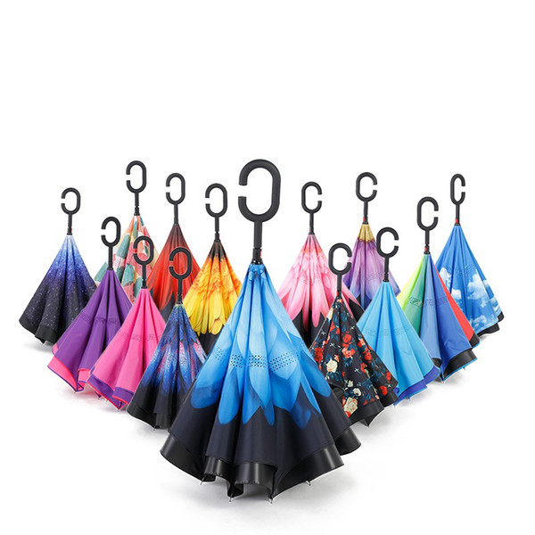 Inverted Umbrellas With C handle Inside Out Sun Rain Reverse Windproof Umbrella 24 Colors Available Free Shiipping