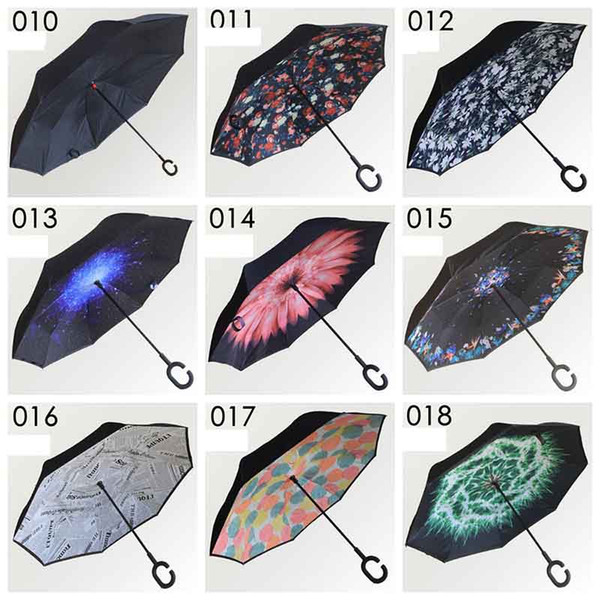 Double Layer Inverted Umbrella Reverse Rainy Sunny Umbrella with C Handle Self Standing Inside Out Special Design C-Hook Hands 63 colors