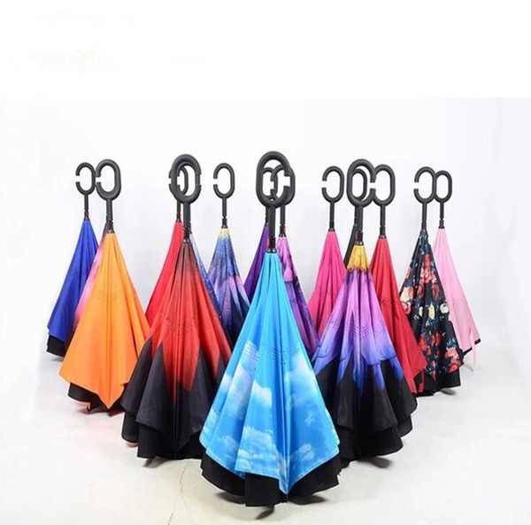 Quality C-Hook Reverse Umbrella Double Layer Windproof Inverted Chuva Self Stand Inside Out Sun/Rain Protection C-Hook Hands