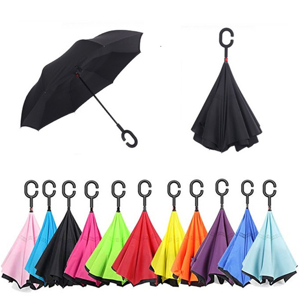 Folding Reverse Umbrella Double Layer Inverted Windproof Rain Car Umbrellas UV Protection Big Straight Umbrella for Car Rain Outdoor CHandle