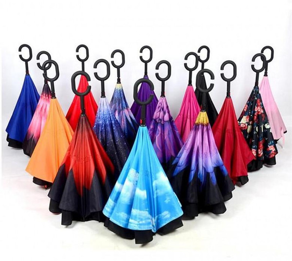 Creative Inverted Umbrellas 34 colors Double Layer With C Handle Inside Out Reverse Windproof Umbrella free shipping