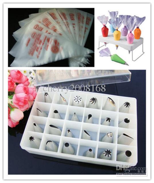 Bakeware Tool 24pcs Cake Icing Nozzles +100pcs extrusion platic bags +Decorating bag holder Cake