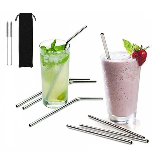 More size straight and bend stainless steel straw and cleaning brush reusable drinking straw bar drinking tool