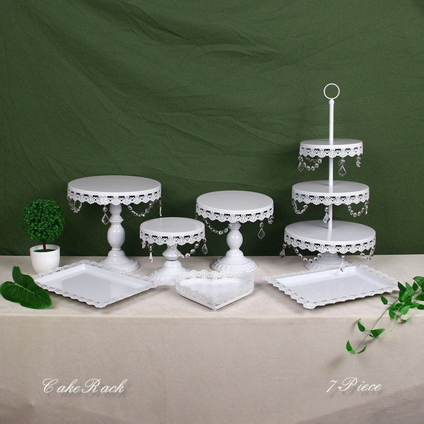 7Pcs/Set White Gold Crystal Pearl Metal Cake Stand Cupcake Dessert Serving Rack Holder Party Wedding Banquet Table Decorations