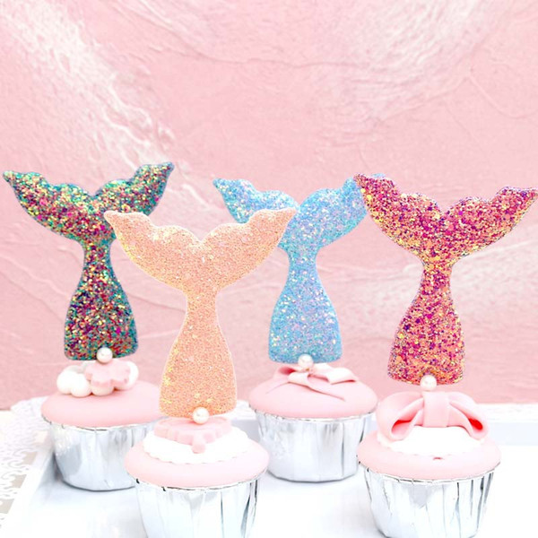 Creative Cute Mermaid Tail Cake decoration Plug-in Shiny sequins mermaid tail with pearl birthday cake tools Party Dessert decors