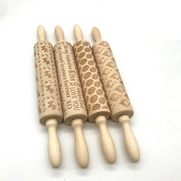 Embossed Rolling Pin Wooden Engraved Gift 36CM Laser Cut Dog Letters Deer Design Baking Art Supplies Pastry Chef Tools Cookie Stamp