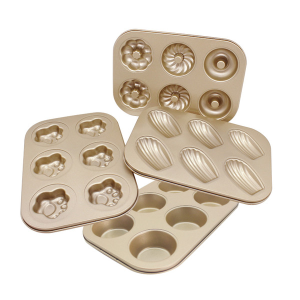 Carbon Steel Bakeware Nonstick Cake Dounut 6-Cavity Pan Doughnut Baking Muffin cat's paw Shell Mold Cake Donut Maker Metal Tray For Party