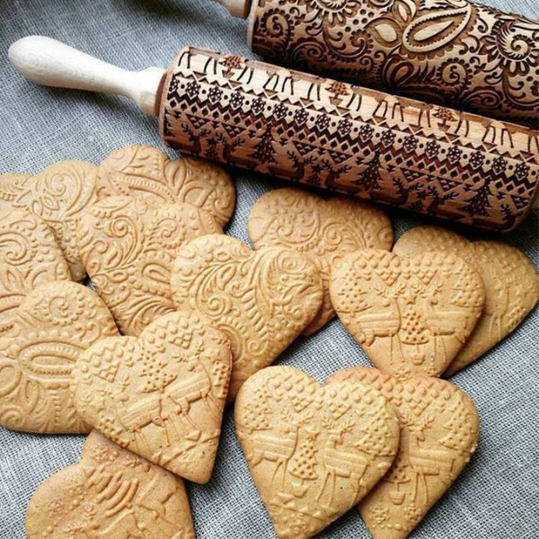 35cm High Quality Embossing Rolling Pin Baking Cookies Noodle Biscuit Fondant Cake Dough Engraved Roller Reindeer Snowflake