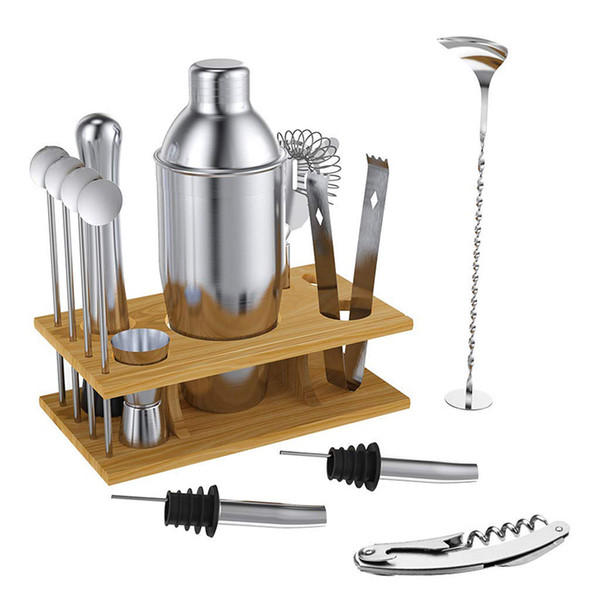 Party Bar Professional Bartender Kit Mixer 750ml Shaker Bar Set Premium Barware Tool with Wood Frame Perfect Drink Mixing 14Pcs/Set