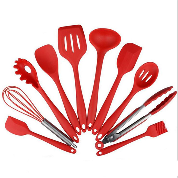 10PCS Heat Resistant Silicone Cooking Set Kitchen Utensils Pastry Baking Tool Sets Spoons, Turners, Spatula & 1 Ladle Etc