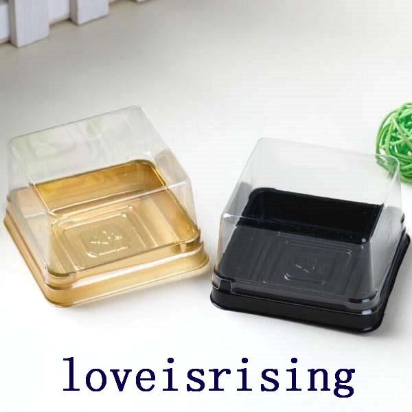 50pcs=25sets 6.8*6.8*4cm Black&Gold Bottom Mini Size Plastic Cake Box Cupcake Container Wedding Favor Boxes Supplies