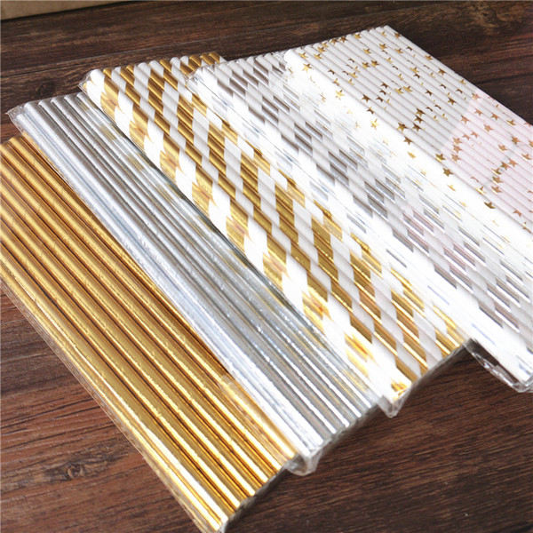 Disposable Straws 25pcs Metallic Gold heart star Foil Stripe Paper Straws Gold Foil Stripe Paper Straws Silver Foiled stripe chevron