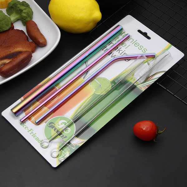 304 Stainless Steel Drinking Straws Reusable Colorful Drinking Straws Set with Smoothie Straws and Cleaning Brush with Retail Package