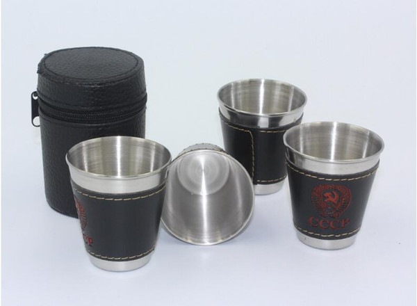 Stainless Steel Wine Glass Cup Set with PU Leather Box Storage Pouch 70ML 4 Mugs with 1 Black Box