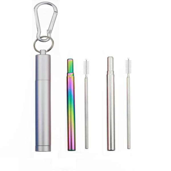 Portable Stainless Steel Metal Drinking Straws with Silver Aluminum Case & Brush Travel Telescopic Straw Eco-friendly Reusable Straws