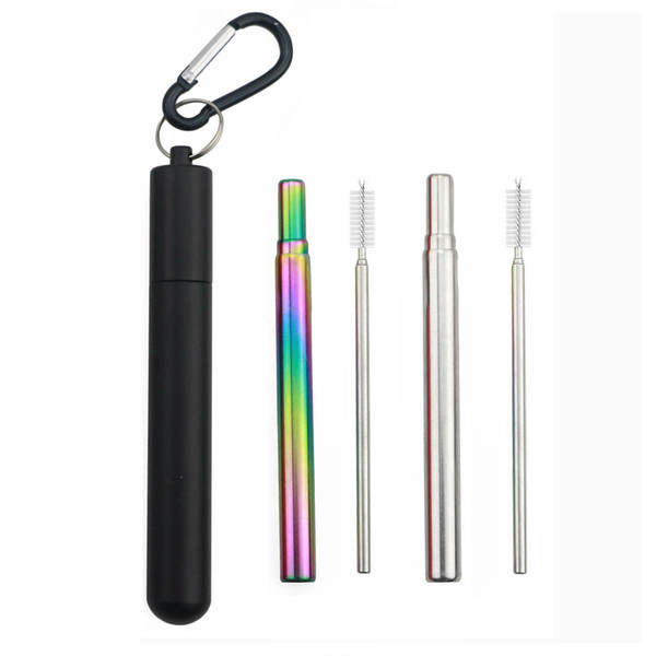 Stainless Steel Metal ReusableTravel Straw Portable Silver Rainbow Telescopic Drinking Straw with Balck Aluminum Case & Cleaner Brush