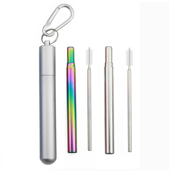 Portable Telescopic Rainbow Silver Drinking Straws Reusable Stainless Steel Foldable Straw with Silver Aluminum Case & Cleaner Brush