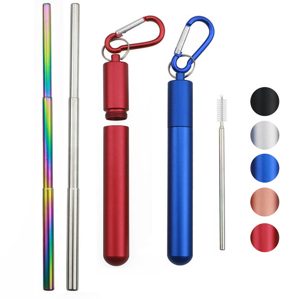 Portable Reusable Collapsible Drinking Straws Telescopic 304 Stainless Steel Metal Colored Straw for Travel Camping with Cleaner Brush Set