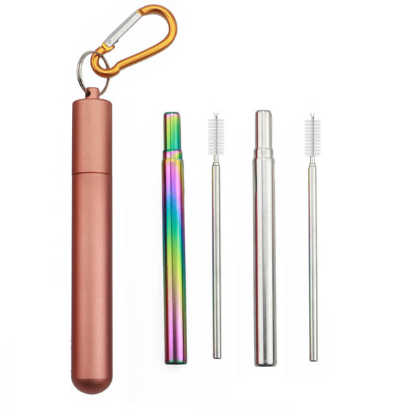 Stainless Steel Portable Telescopic Silver Rainbow Drinking Straw Reusable Collapsible Travel Straw with Gold Aluminum Case & Cleaner Brush