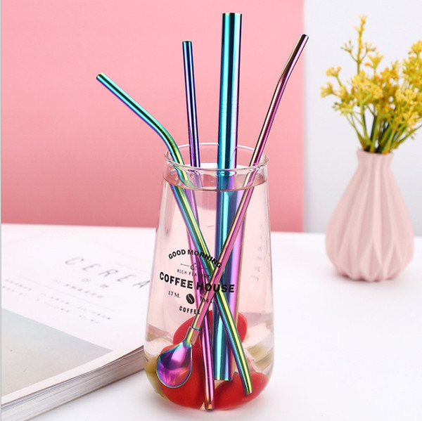 Stainless steel straw 5-piece 304 stainless steel reusable color drink straw brush Spoon metal drink cup straw