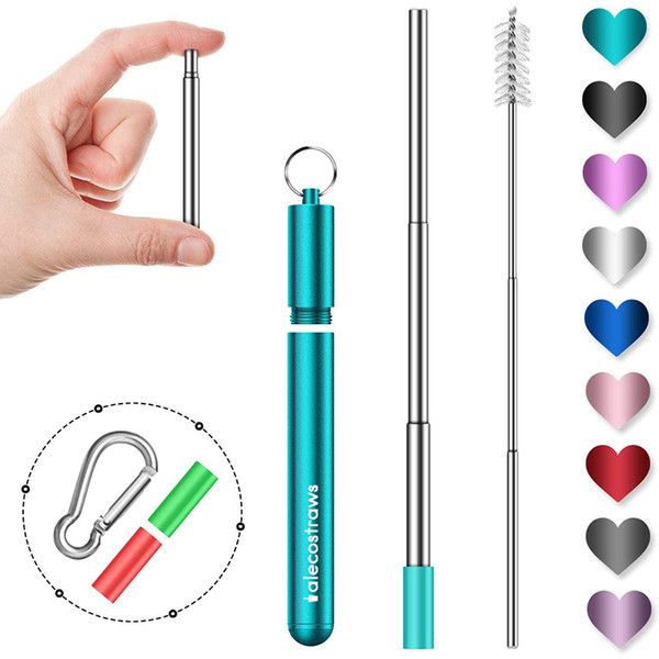 Reusable Collapsible Straws, Telescopic Stainless Steel Drinking Straw with Metal Case+Cleaner Brush+Carabiner Hook Silicone Tip DropShiping