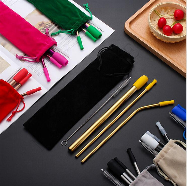 8Pcs/Lot Reusable Drinking Straw Set Straight Bent Straw With Silicone Tip Cover Cleaning Brush Metal Smoothies Drinking Straws