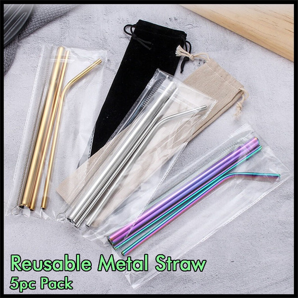 Reusable Metal Drinking Straws 5pcs Pack 304 Stainless Steel Straws Harmless for Vacuum Tumbler Mugs Cups with Brush and Retail Bag Package