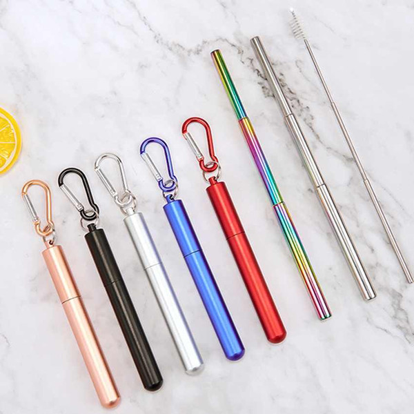 FDA Portable Reusable Drinking Straws Keychain Stainless Steel Metal Telescopic Straws with Aluminum Case & Cleaning Brush ZZA1823