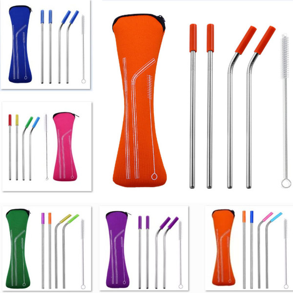 Metal Straws Sets With Silicone Tip Cover Reusable Straight Bent Drinking 30 20oz Straws Travel Neoprene Storage Zipper Bag HH7-1755A