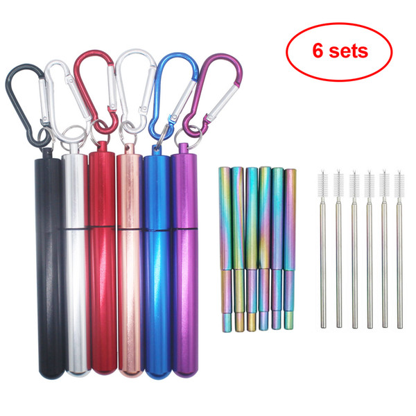 6 Sets Reusable Metal Straws Collapsible Stainless Steel Drinking Straw Portable Telescopile Portable Drinking Straws