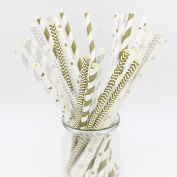 Wholesale-150pcs(6bags)Mixed striped Gold Silver kids birthday wedding decorative party decoration event supplies drinking Paper Straws