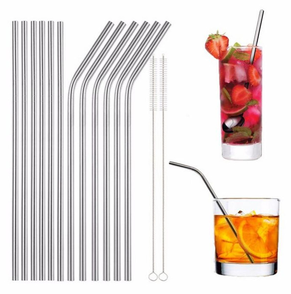 6*215mm stainless steel straw bend and straight 16cm 20cm 24cm 8.5'' stainless steel straw brushes reusable drinking straw W9595