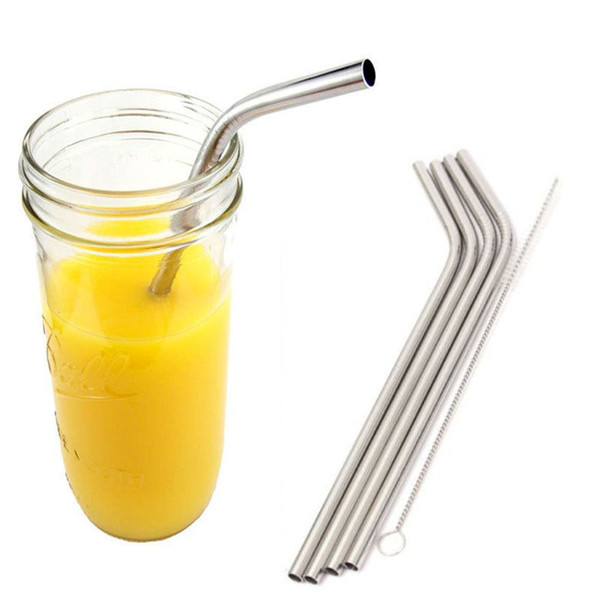 Wholesale-Novelty Hot 4 Stainless Steel Metal Reusable Cocktail Drinking Straws & 1 Cleaner Brush Kits#81517