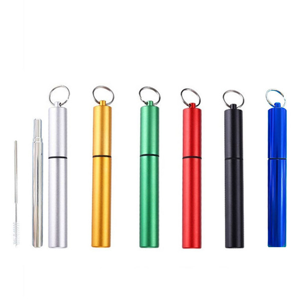 2020 FDA Portable Reusable Folding Drinking Straws Stainless Steel Metal Telescopic Foldable Straws with Aluminum Case & Cleaning Brush