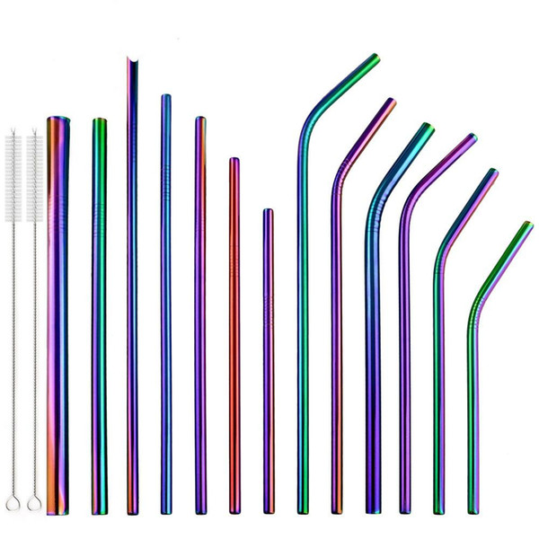 2 Pcs Colorful Rainbow Straw Set 304 Stainless Steel 16/19/21/23/26cm Straws 6/8/12mm Reusable Bent Metal Drinking Straw Brush