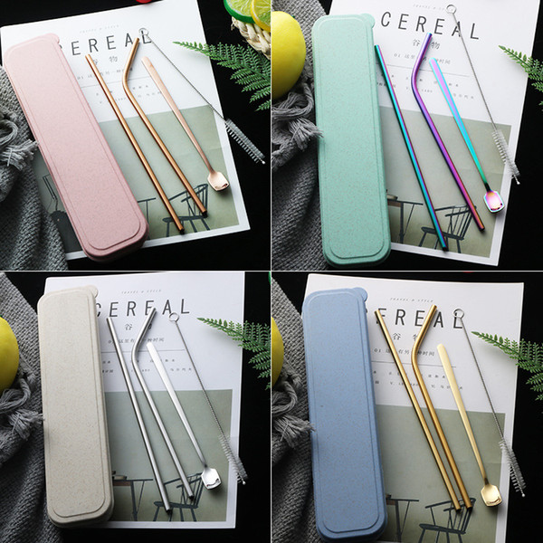 5pcs Pack Stainless Steel Metal Drinking Straw Reusable Curved Straws with Carry Box Icespoon Kit Set Cleaner Brush For Mugs