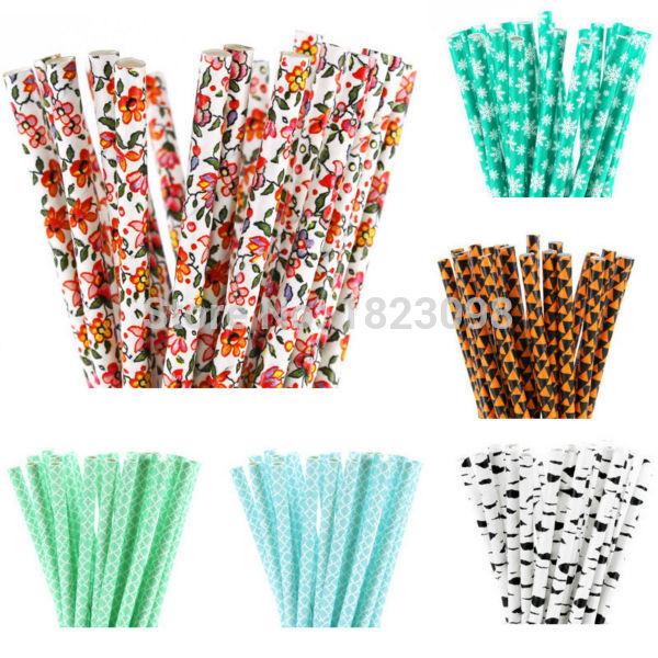 Wholesale-25pcs/lot Patterned Paper Straws for Kids Birthday Wedding Decoration Party Straws Supplies Paper Drinking Straws