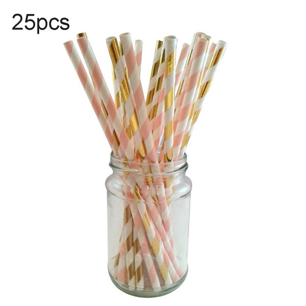 25pcs Vintage Stripe Drinking Straw Hard Plastic Straws Metallic Gold and Pink Stripy Paper Straws LXY9