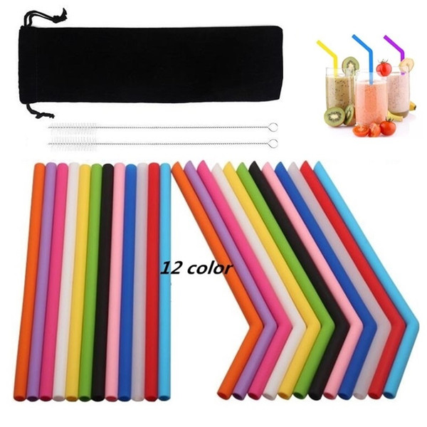 25CM Colorful silicone straw straight and bend food grade drinking straw reusable eco-friendly straws cleaning brush bar drinking tools