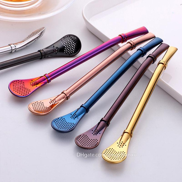 hthom Hot Straw Spoons with Filter Stainless Steel Stirring Coffee Spoons Teaspoon Yerba Mate Small Mini Tea Spoon Tableware Golden Black