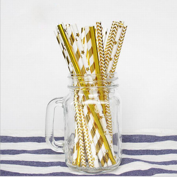 Wholesale 196*6mm Colorful Disposable Thick Drinking Gold Star Heart Paper Straws For Bar Birthday Wedding Party Straw