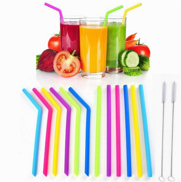 Reusable Silicone Drinking Straw Food Grade colorful Reusable Silicone Drinking Straws with Cleaning Brushes 7pcs/lot