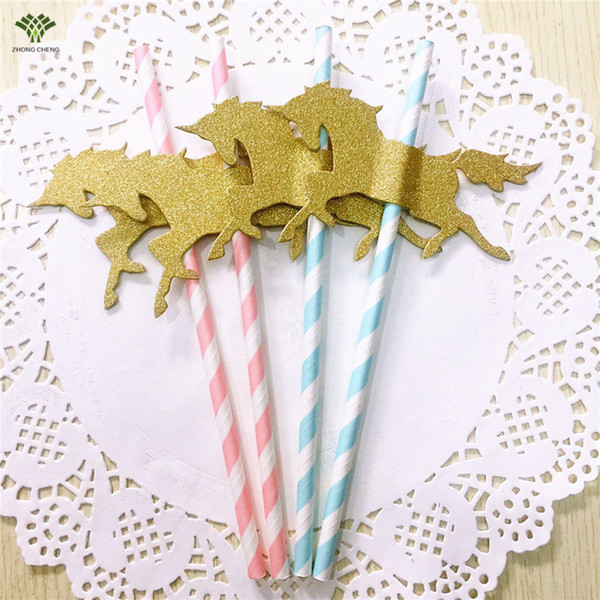 Wholesale- 30 PCS Unicorn Paper Straws Pony Paper Straws Stripe Drinking Straws Wedding Birthday Party Decoration Kids Party Supplies