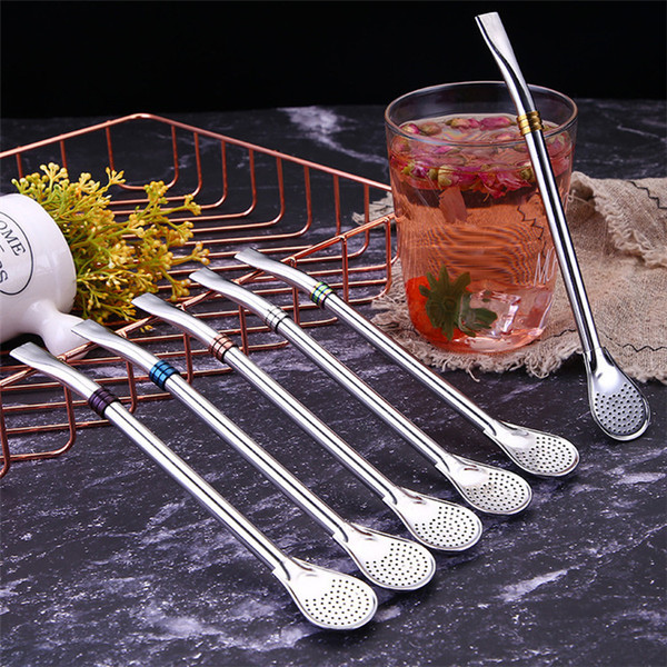 Mate Tea Bombilla Filter Spoon 19CM Stainless Steel 304 Spoon Straw with Colorful Rings Barware Wholesale
